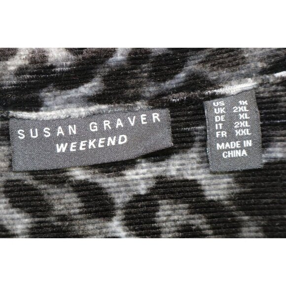 Susan Graver Weekend Plaid Velour Button Down Top-Size 1X-Animal Print Collar - Picture 6 of 11